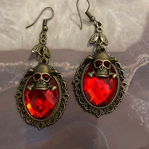 Gold/red skull earrings